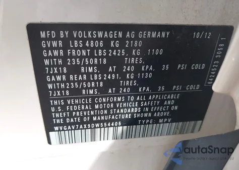 2013 Volkswagen Tiguan Se из США, поврежденный, VIN WVGAV7AX9DW554405